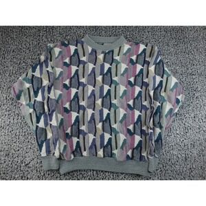 Vintage 90s 3D Knit Sweater Mens L Multicolor Geometric Abstract Crewneck Retro